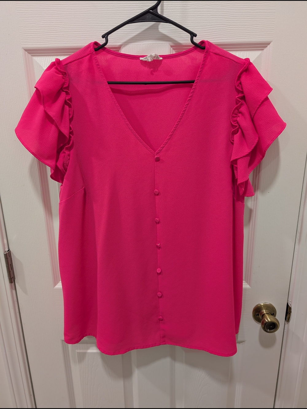 Perch Bright Pink V-Neck Button Front Ruffle Sleeve Top